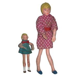 Vintage Miniature Dollhouse Doll Mother Young Lady and Girl Bendable Moveable